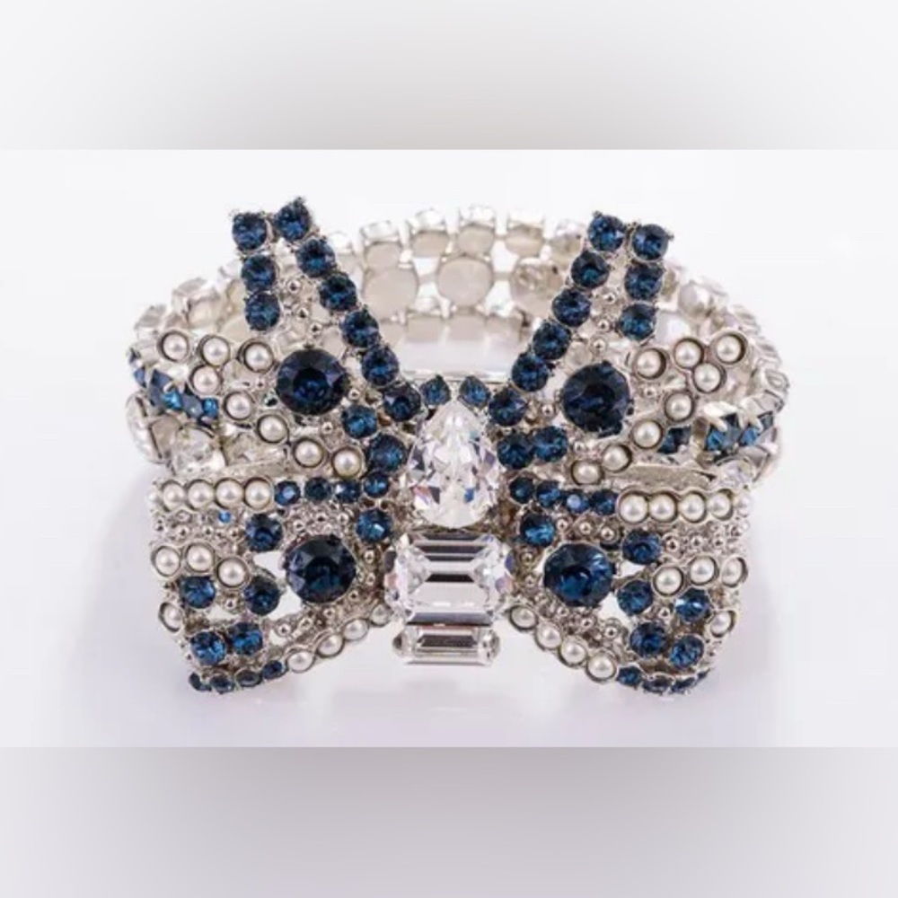 Miu Miu Crystal Bow Bracelet Blue Silver Faux Pearl Statement Luxury Designer OS